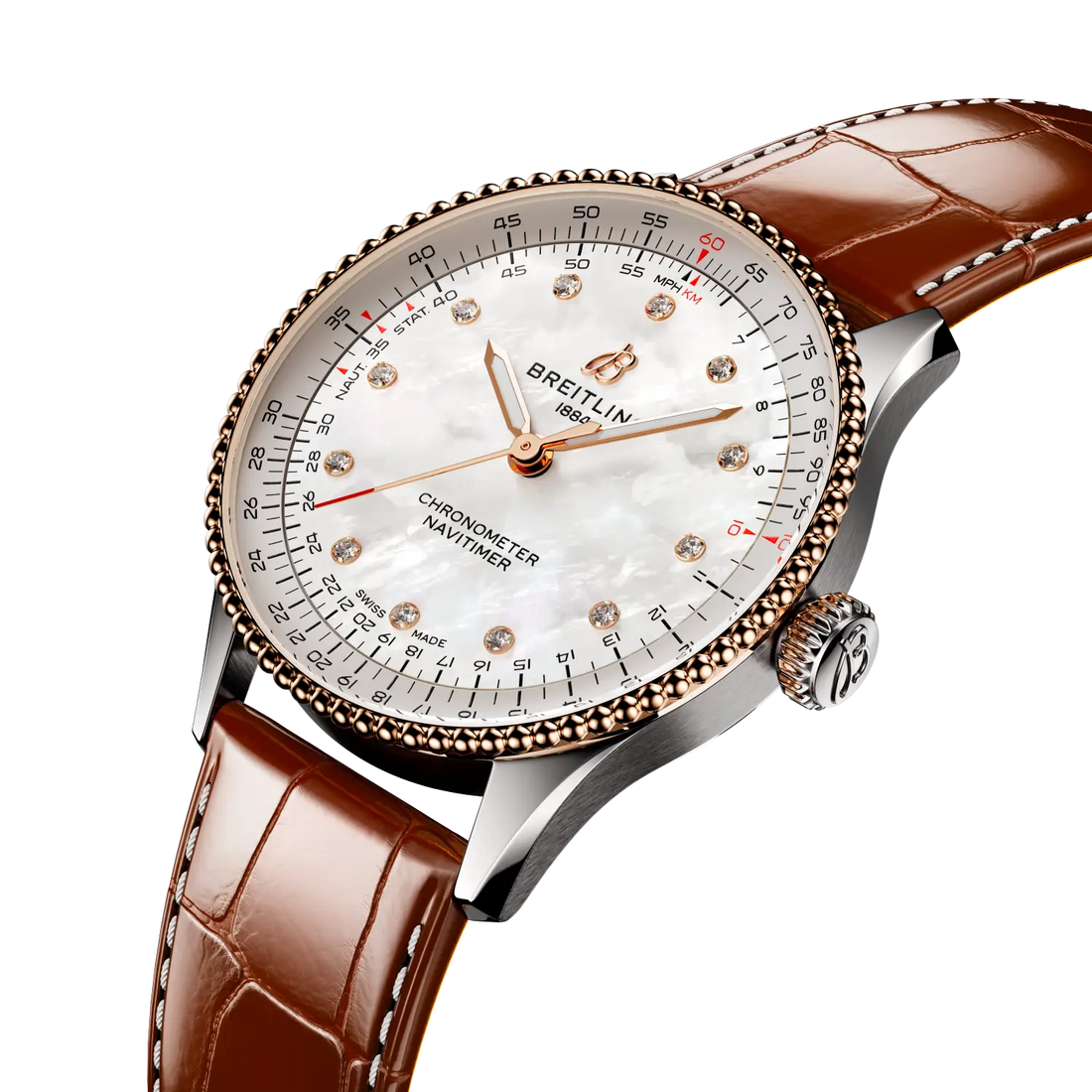 Breitling Navitimer Automatic 36 reference U17327211A1P1 with Mother-of-pearl dial, Stainless steel & 18k red gold case, brown alligator strap, three-quarter view