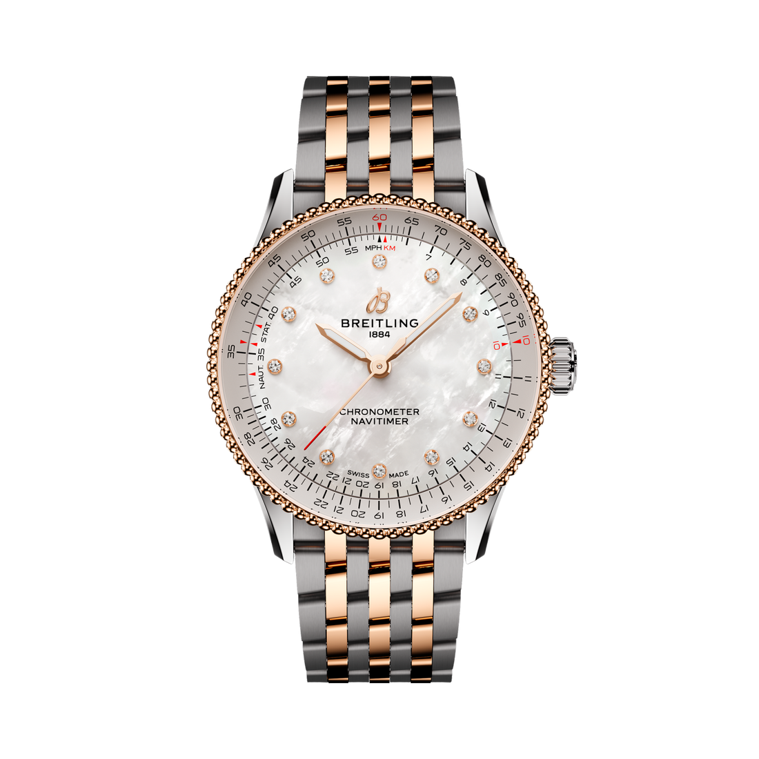 Breitling Navitimer Automatic 36 reference U17327211A1U1 with Mother-of-pearl dial, Stainless steel & 18k red gold case, strap, front view