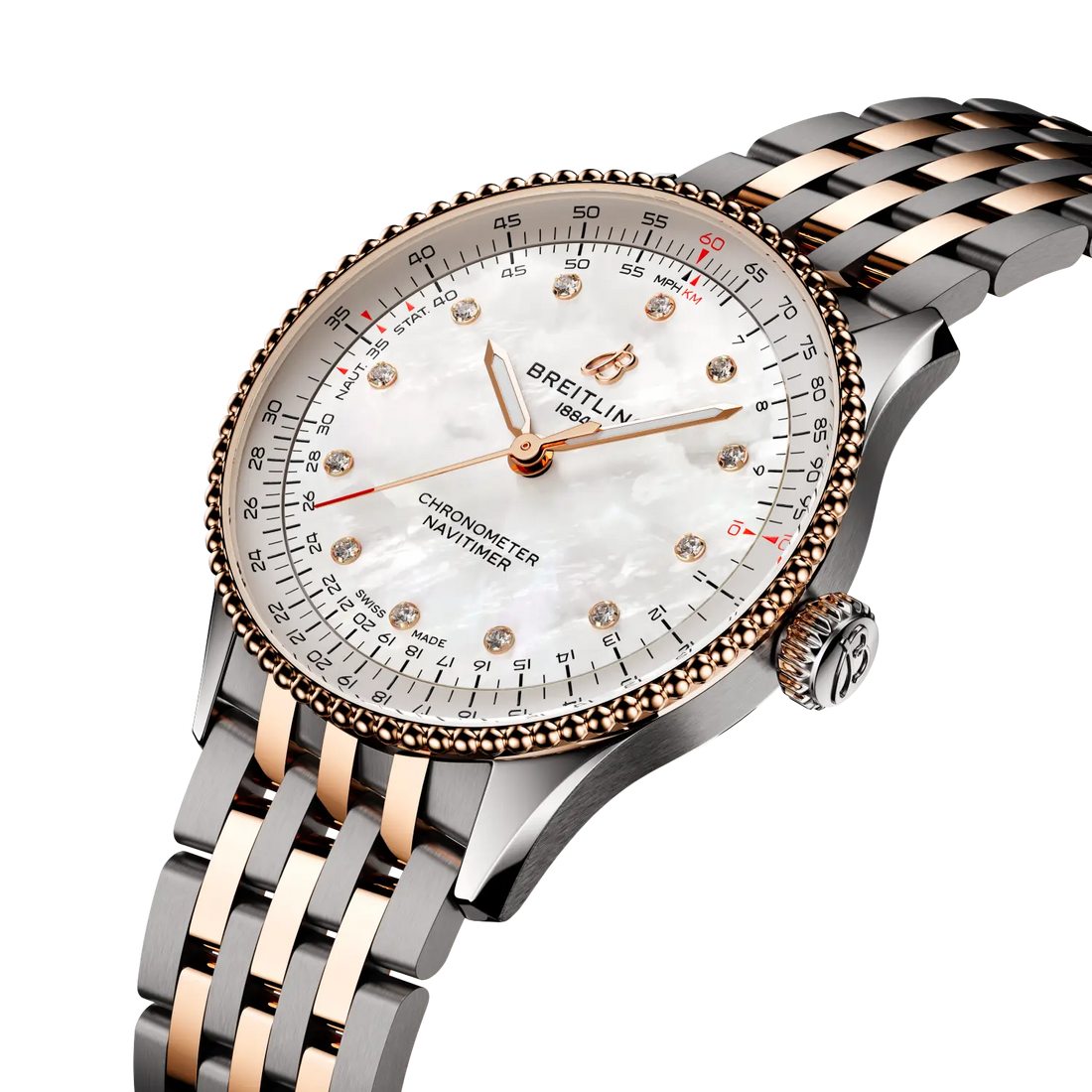 Breitling Navitimer Automatic 36 reference U17327211A1U1 with Mother-of-pearl dial, Stainless steel & 18k red gold case, strap, three-quarter view
