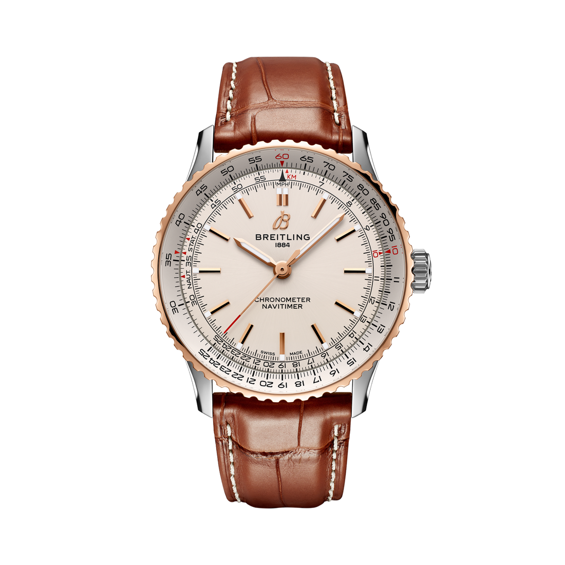 Breitling Navitimer Automatic 41 reference U17329F41G1P1 with Cream dial, Stainless steel & 18k red gold case, alligator strap, front view