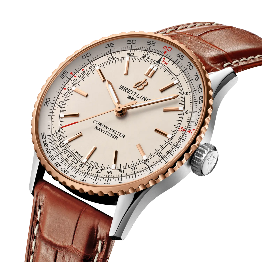 Breitling Navitimer Automatic 41 reference U17329F41G1P1 with Cream dial, Stainless steel & 18k red gold case, alligator strap, three-quarter view