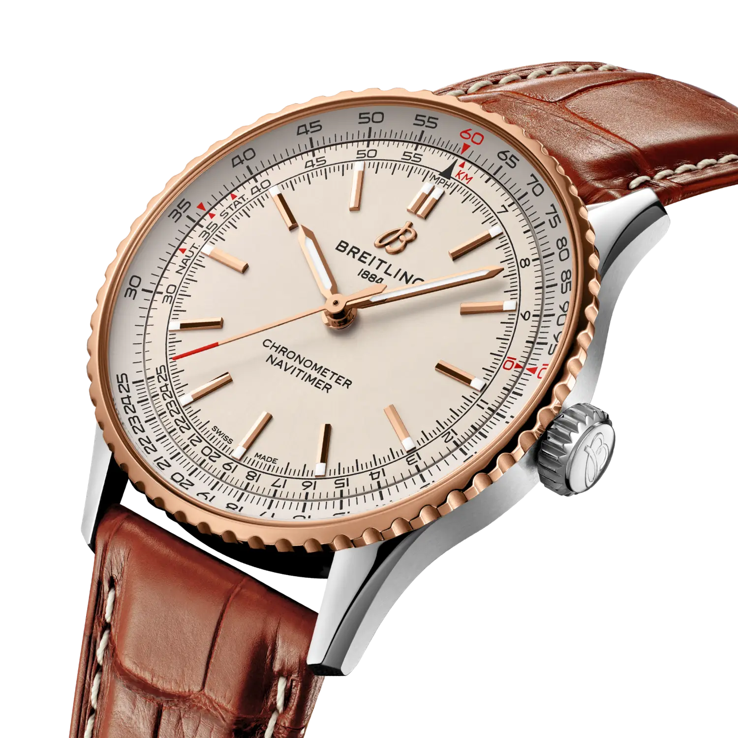 Breitling Navitimer Automatic 41 reference U17329F41G1P1 with Cream dial, Stainless steel & 18k red gold case, alligator strap, three-quarter view