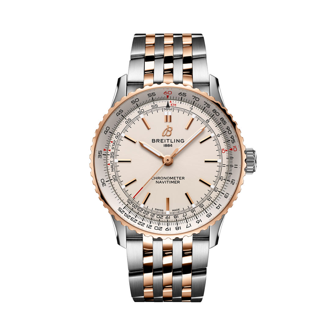 Breitling Navitimer Automatic 41 reference U17329F41G1U1 with Cream dial, Stainless steel & 18k red gold case, bracelet, front view