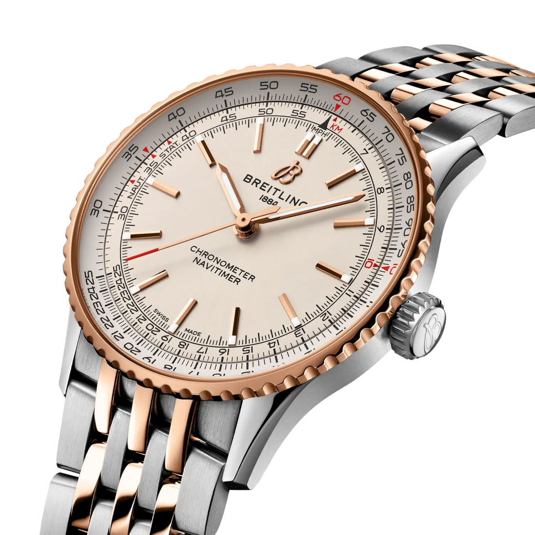 Breitling Navitimer Automatic 41 reference U17329F41G1U1 with Cream dial, Stainless steel & 18k red gold case, bracelet, three-quarter view