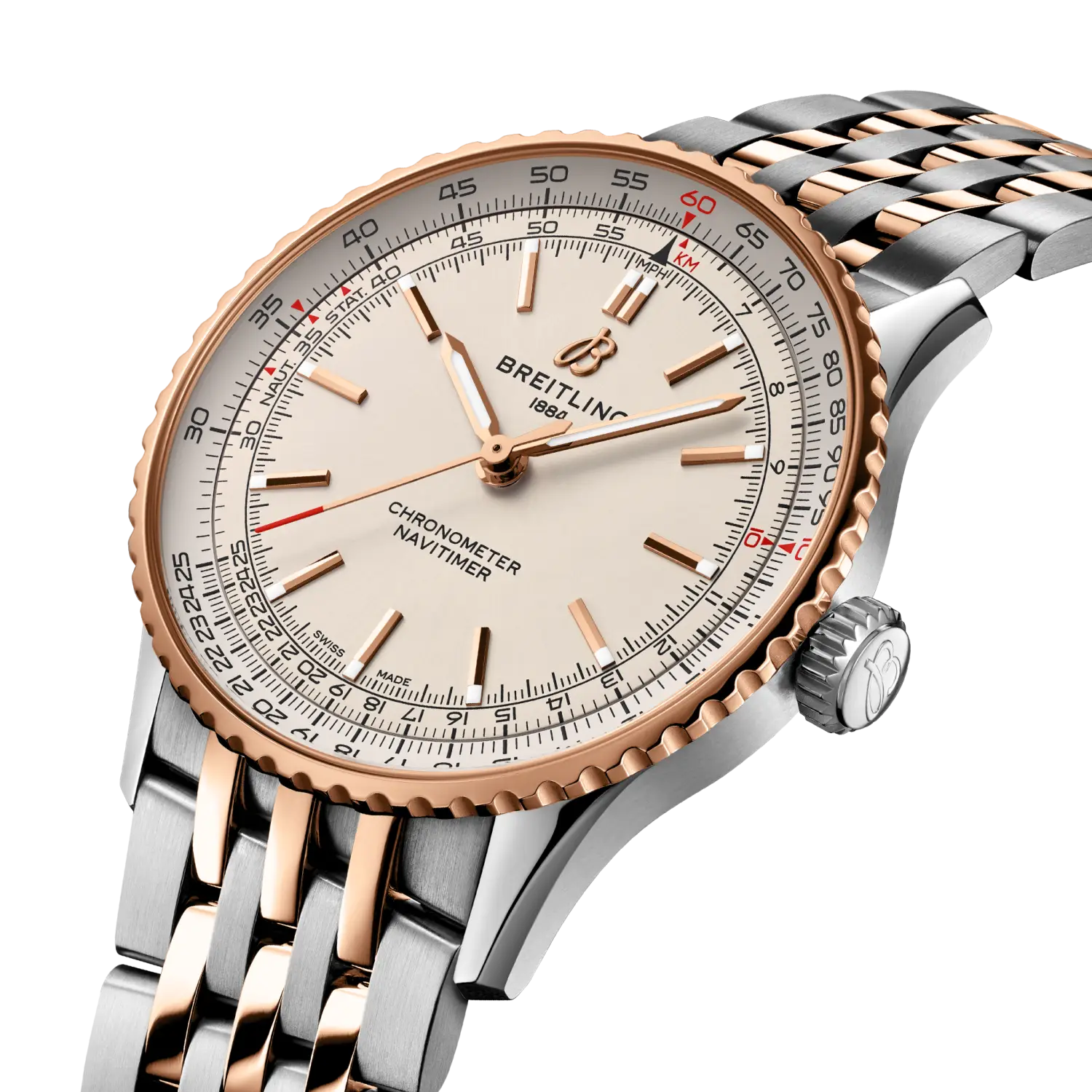 Breitling Navitimer Automatic 41 reference U17329F41G1U1 with Cream dial, Stainless steel & 18k red gold case, bracelet, three-quarter view