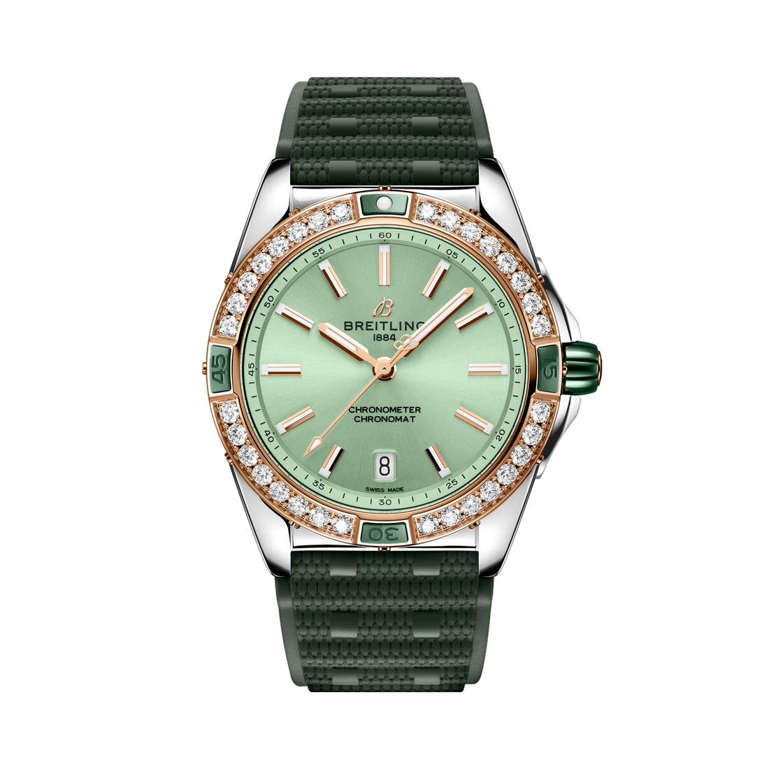 Breitling Super Chronomat Automatic 38 reference U17356531L1S1 with Green dial, Stainless steel & 18k red gold case, green rubber strap, front view
