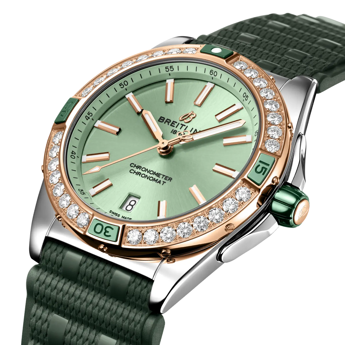 Breitling Super Chronomat Automatic 38 reference U17356531L1S1 with Green dial, Stainless steel & 18k red gold case, green rubber strap, front view