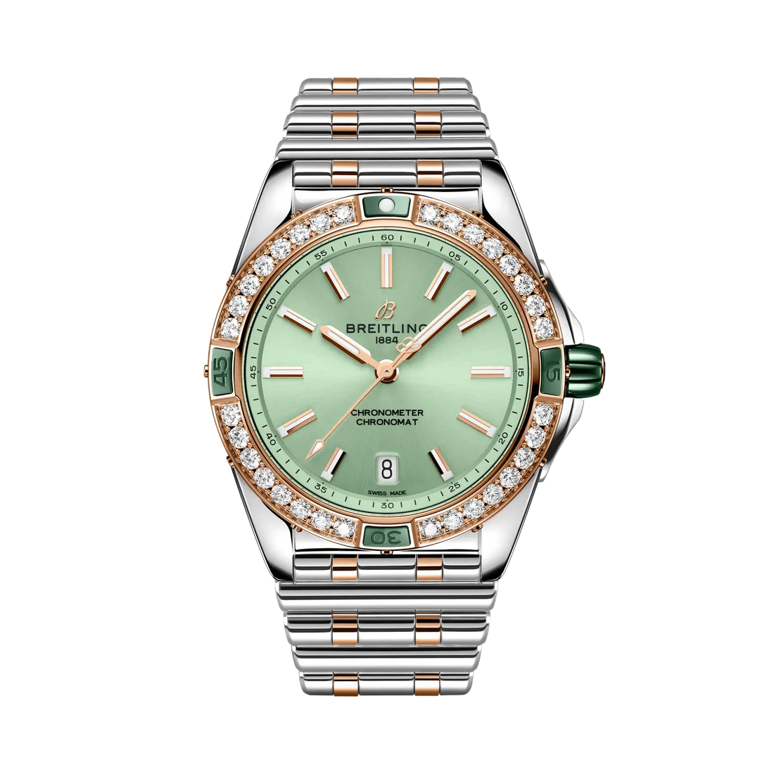 Breitling Super Chronomat Automatic 38 reference U17356531L1U1 with Green dial, Stainless steel & 18k red gold case, bracelet, front view