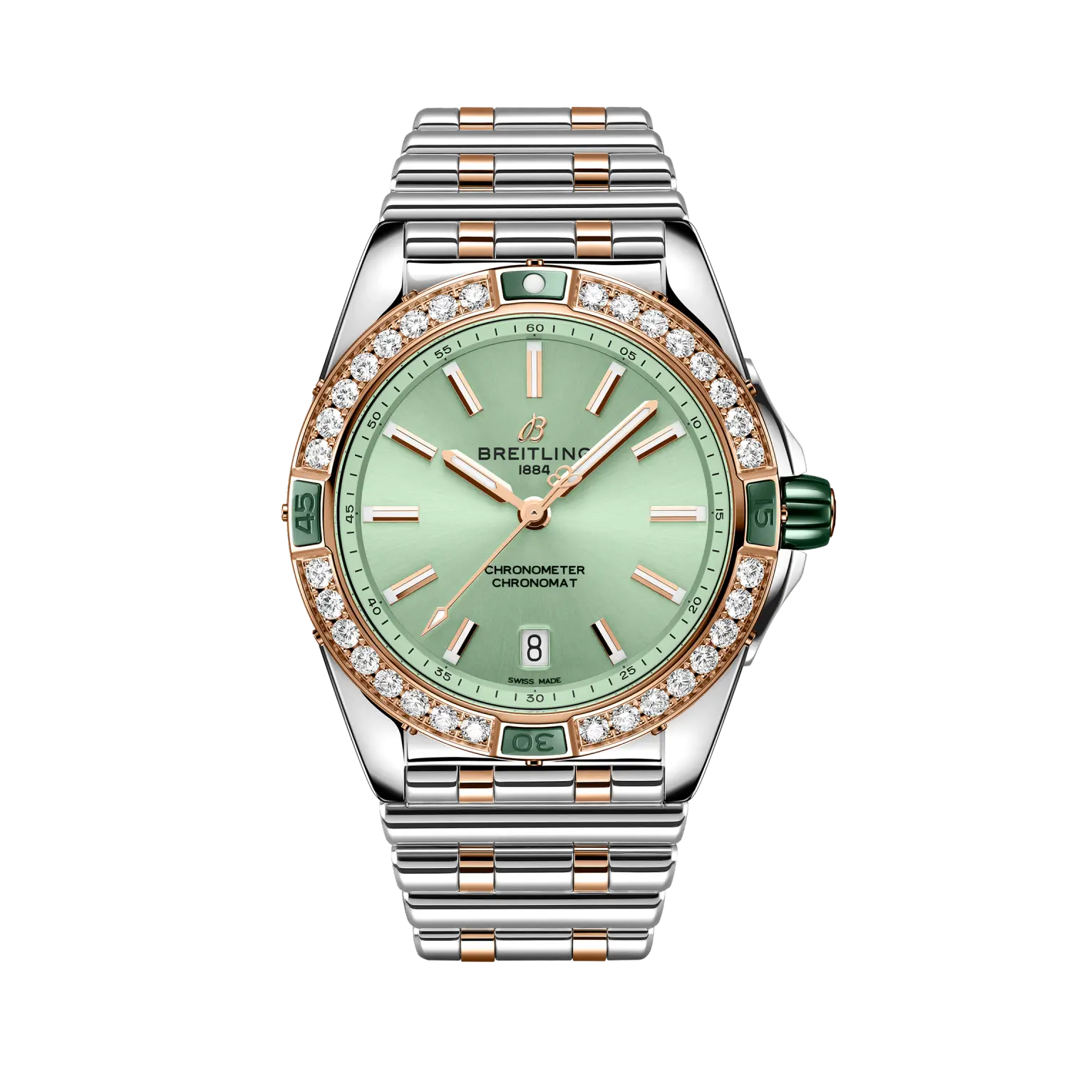 Breitling Super Chronomat Automatic 38 reference U17356531L1U1 with Green dial, Stainless steel & 18k red gold case, bracelet, front view
