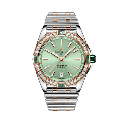 Breitling Super Chronomat Automatic 38 reference U17356531L1U1 with Green dial, Stainless steel & 18k red gold case, bracelet, front view