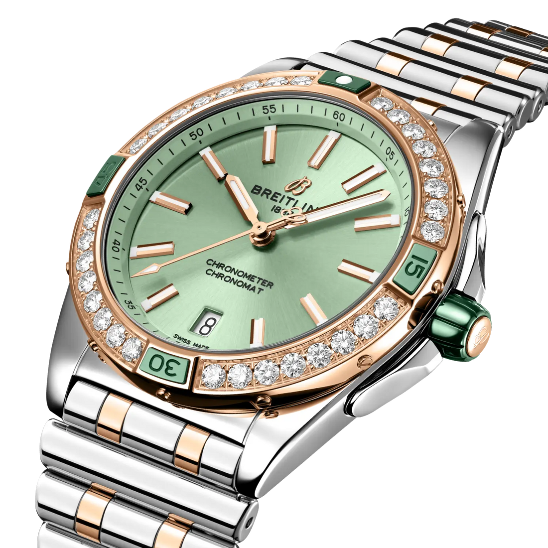 Breitling Super Chronomat Automatic 38 reference U17356531L1U1 with Green dial, Stainless steel & 18k red gold case, bracelet, front view