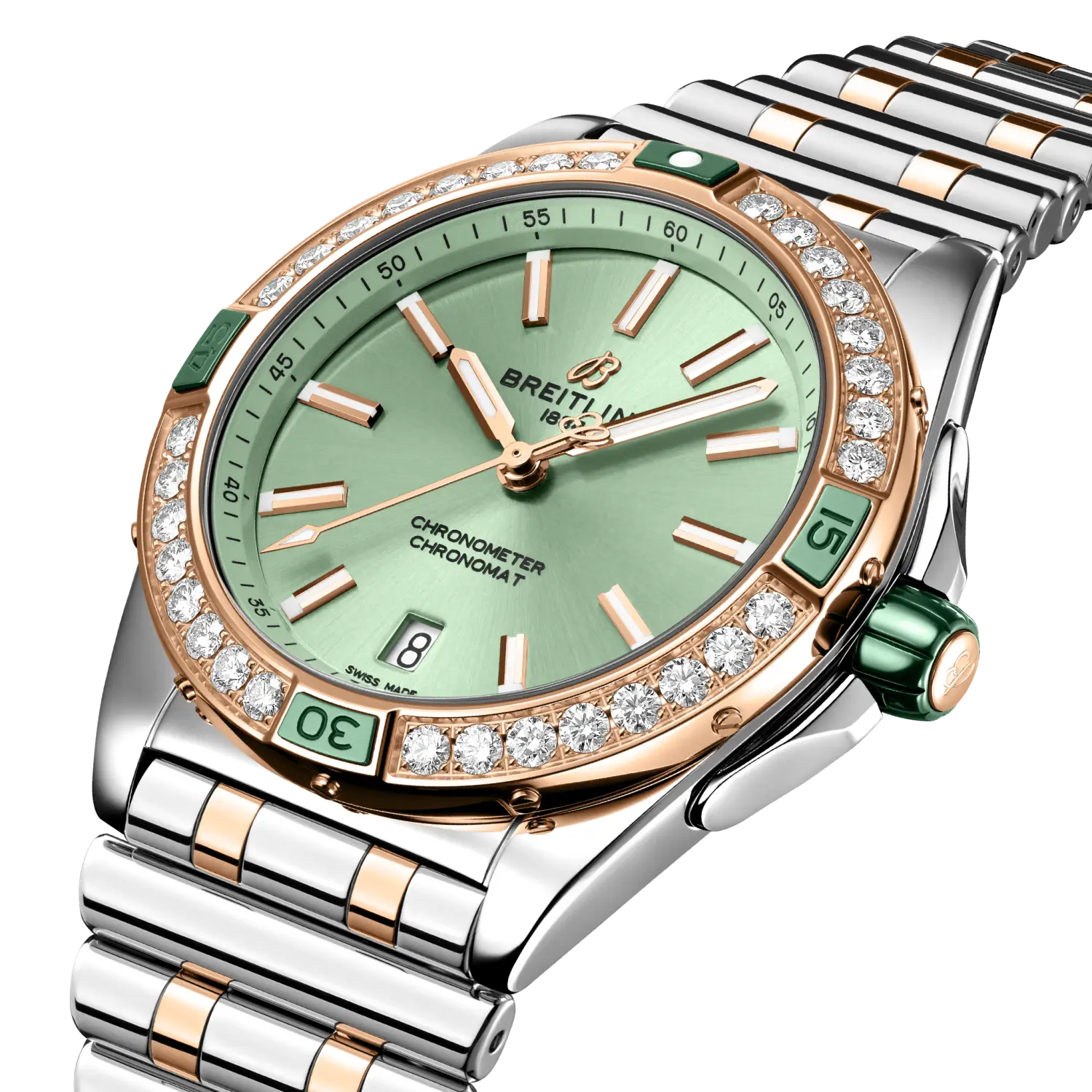 Breitling Super Chronomat Automatic 38 reference U17356531L1U1 with Green dial, Stainless steel & 18k red gold case, bracelet, three-quarter view