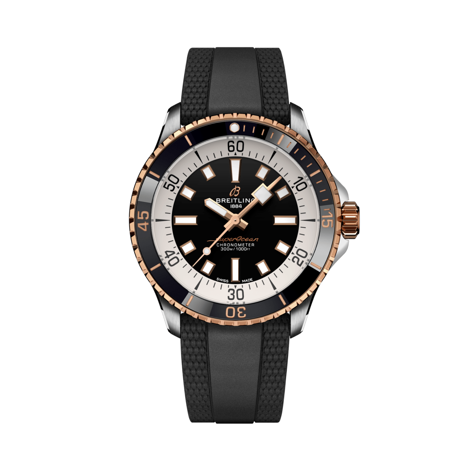 Breitling Superocean Automatic 42 reference U17375211B1S1 with Black dial, Stainless steel & 18k red gold case, rubber strap, front view