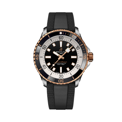 Breitling Superocean Automatic 42 reference U17375211B1S1 with Black dial, Stainless steel & 18k red gold case, rubber strap, front view