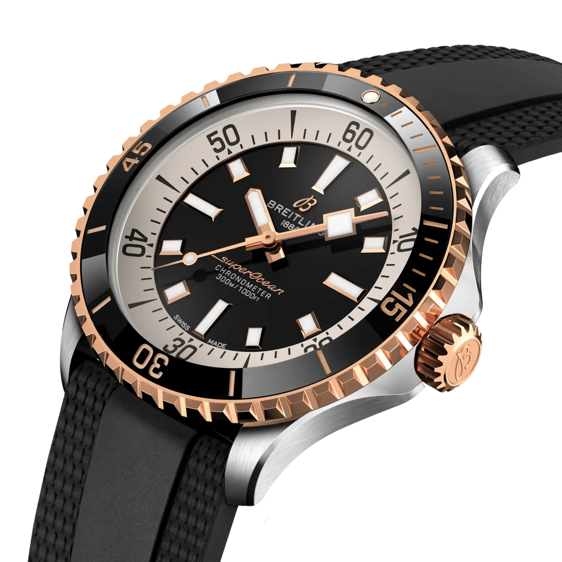 Breitling Superocean Automatic 42 reference U17375211B1S1 with Black dial, Stainless steel & 18k red gold case, rubber strap, front view