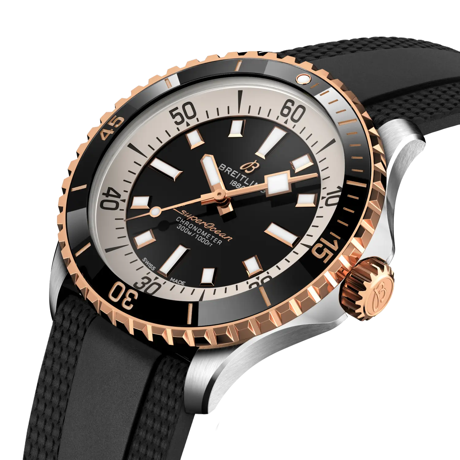 Breitling Superocean Automatic 42 reference U17375211B1S1 with Black dial, Stainless steel & 18k red gold case, rubber strap, three-quarter view