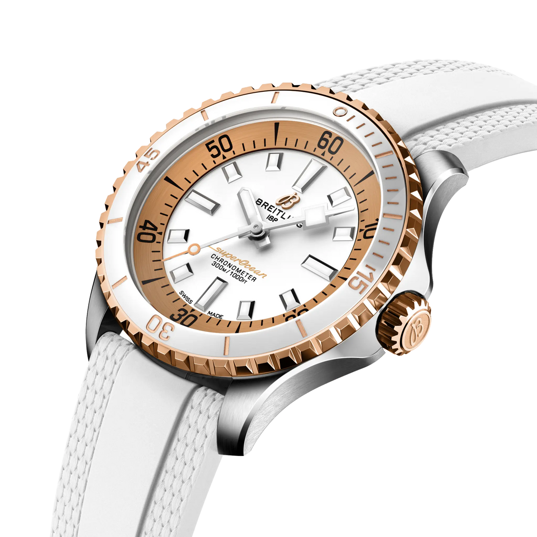 Breitling Superocean Automatic 36 reference U173771A1A1S1 with White dial, Stainless steel & 18k red gold case, rubber strap, front view