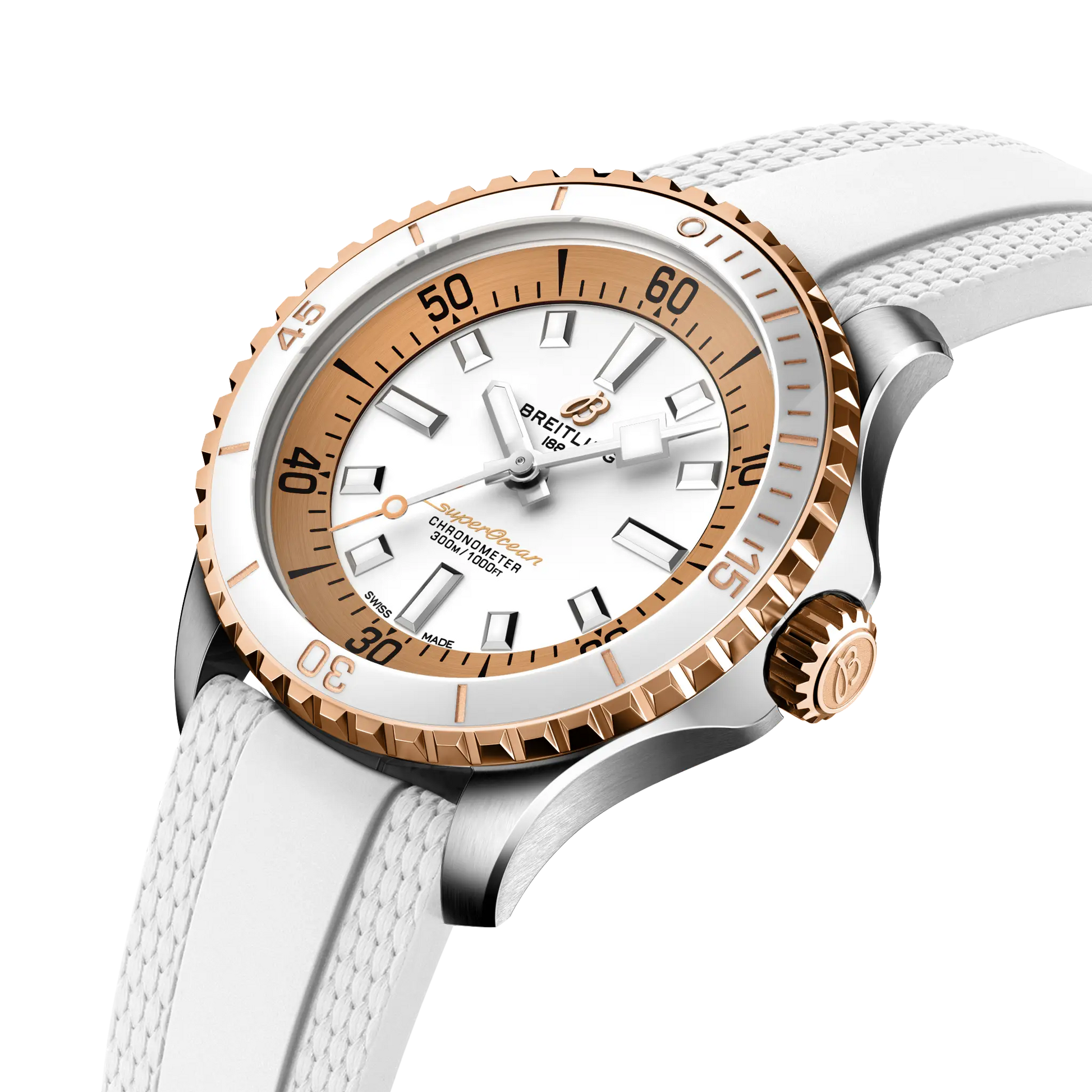 Breitling Superocean Automatic 36 reference U173771A1A1S1 with White dial, Stainless steel & 18k red gold case, rubber strap, three-quarter view