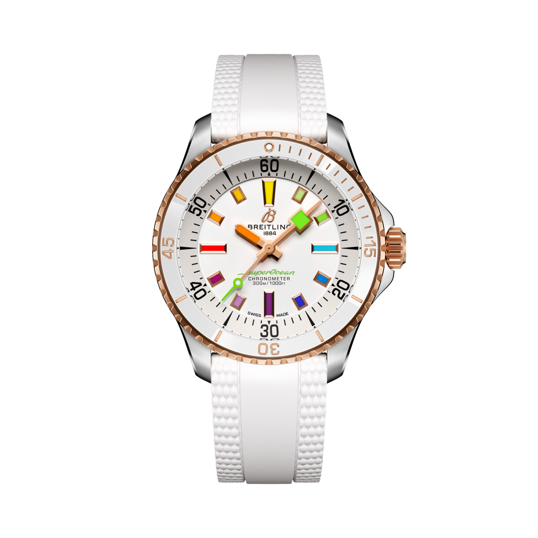 Breitling Superocean Automatic 36 reference U17377211A1S1 with White dial, Stainless steel & 18k red gold case, rubber strap, front view