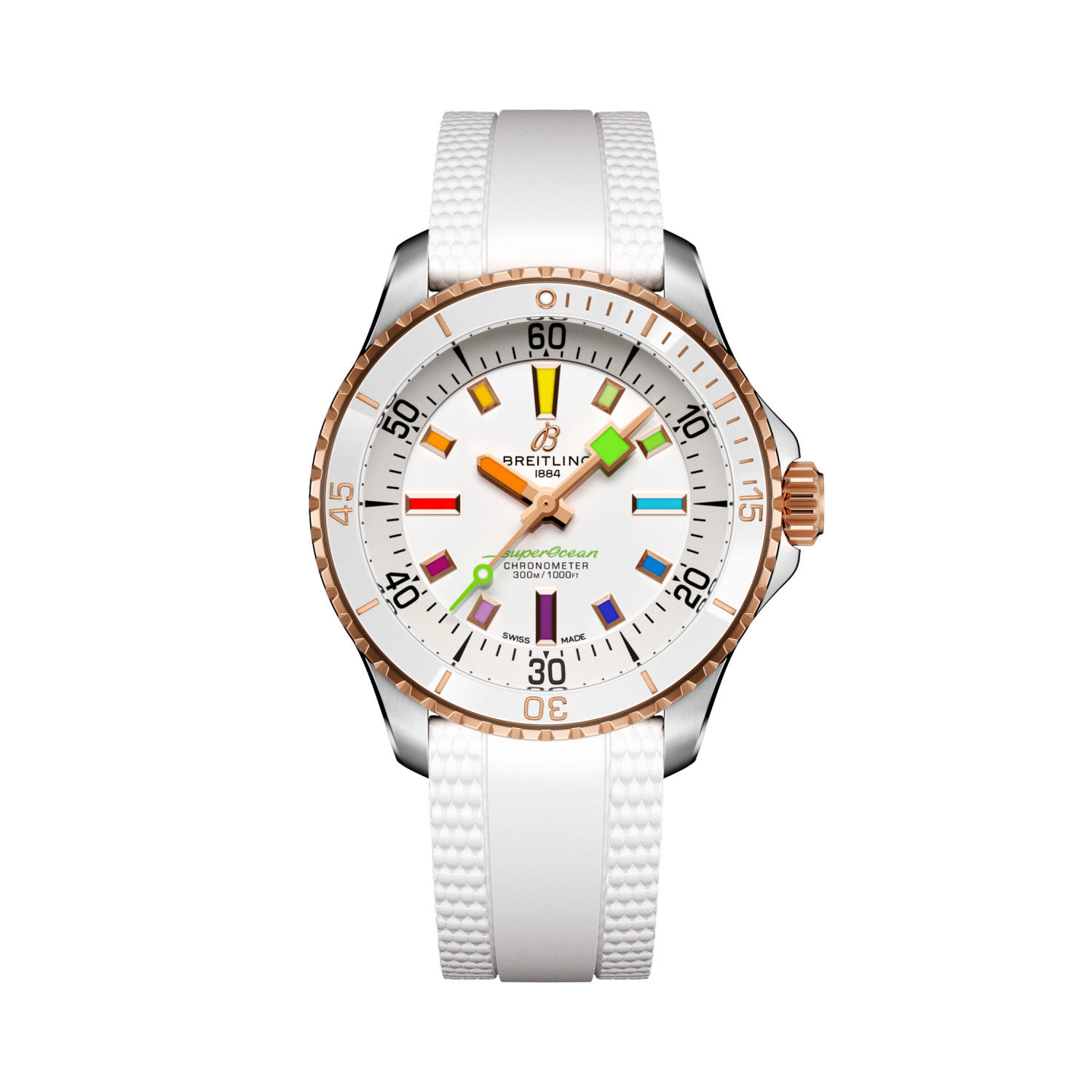 Breitling Superocean Automatic 36 reference U17377211A1S1 with White dial, Stainless steel & 18k red gold case, rubber strap, front view