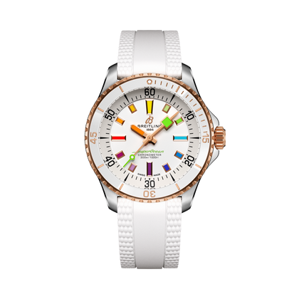Breitling Superocean Automatic 36 reference U17377211A1S1 with White dial, Stainless steel & 18k red gold case, rubber strap, front view