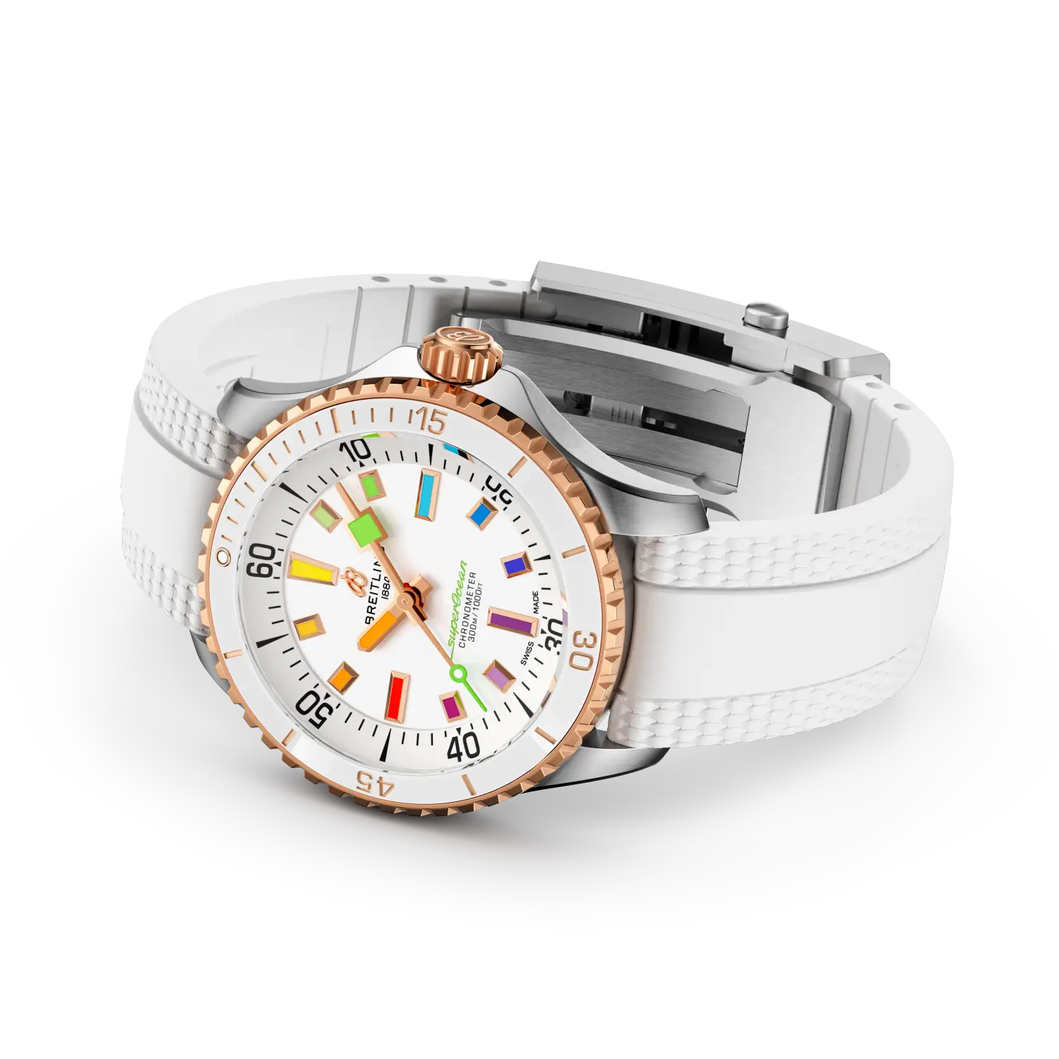Breitling Superocean Automatic 36 reference U17377211A1S1 with White dial, Stainless steel & 18k red gold case, rubber strap, bracelet or strap configuration view