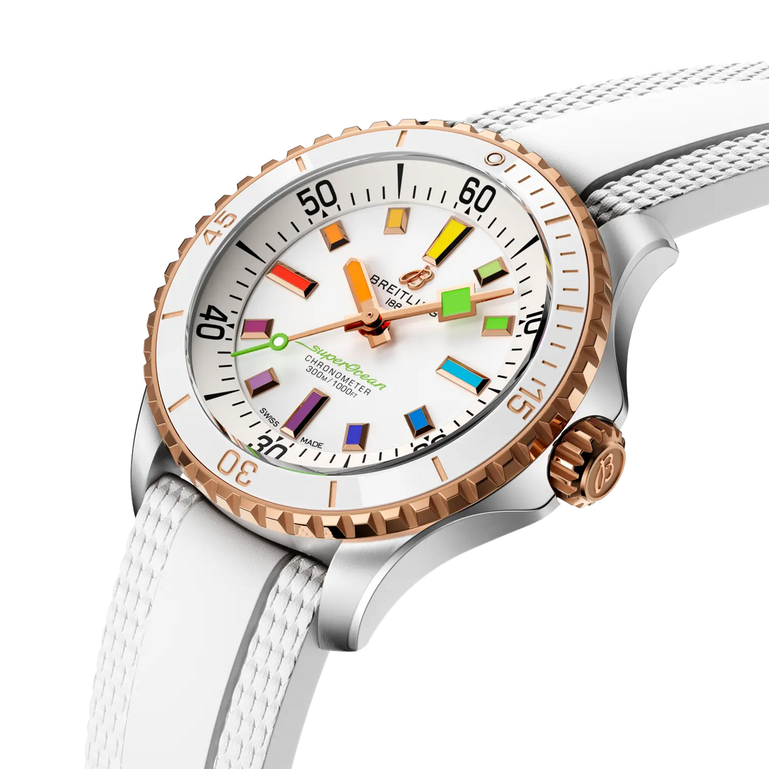 Breitling Superocean Automatic 36 reference U17377211A1S1 with White dial, Stainless steel & 18k red gold case, rubber strap, front view