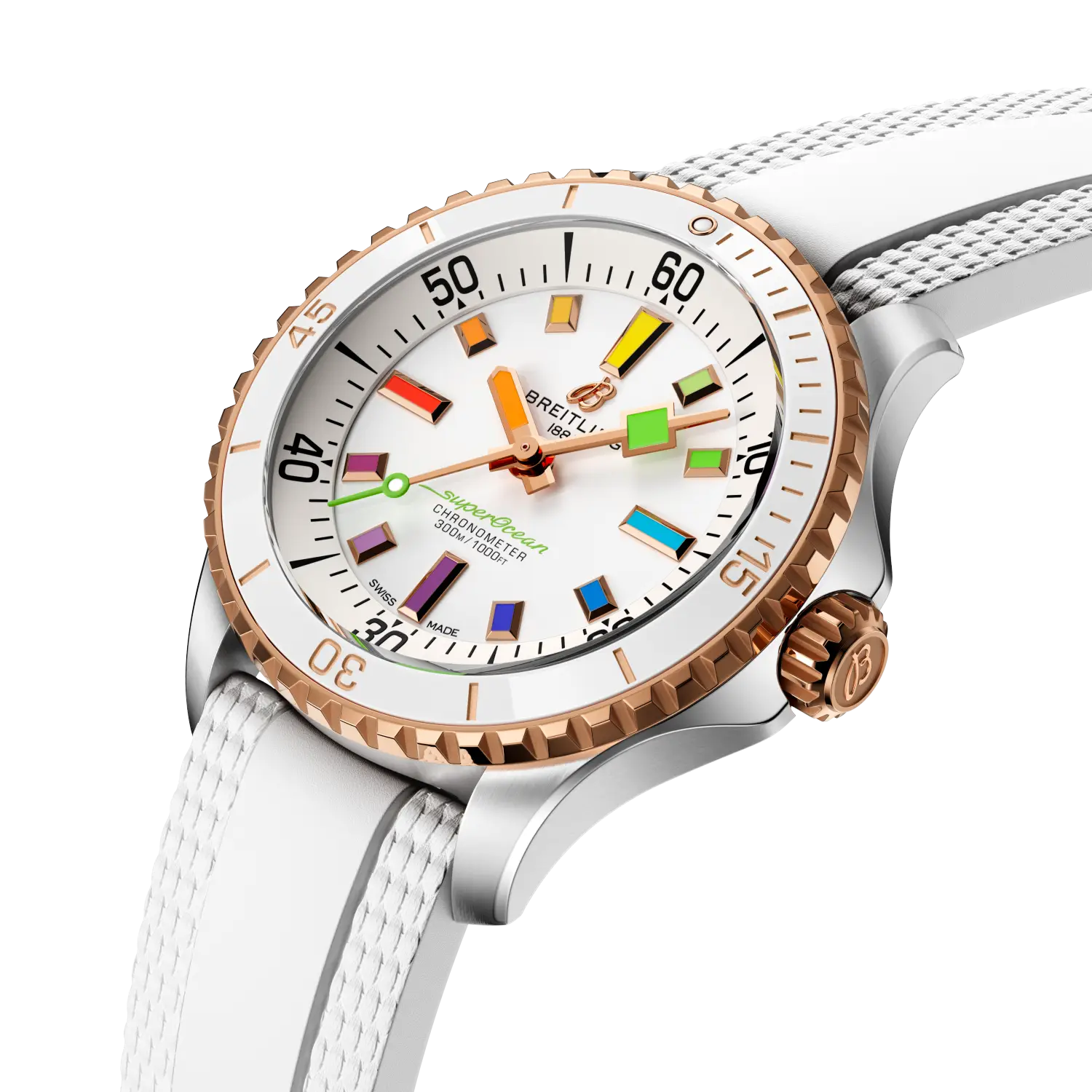 Breitling Superocean Automatic 36 reference U17377211A1S1 with White dial, Stainless steel & 18k red gold case, rubber strap, three-quarter view