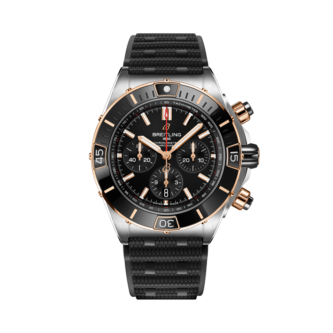 Breitling Super Chronomat B01 44 reference UB0136251B1S1 with Black dial, Stainless steel & 18k red gold case, black rubber strap, front view