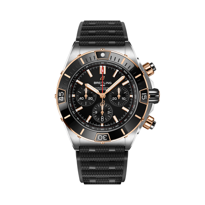 Breitling Super Chronomat B01 44 reference UB0136251B1S1 with Black dial, Stainless steel & 18k red gold case, black rubber strap, front view