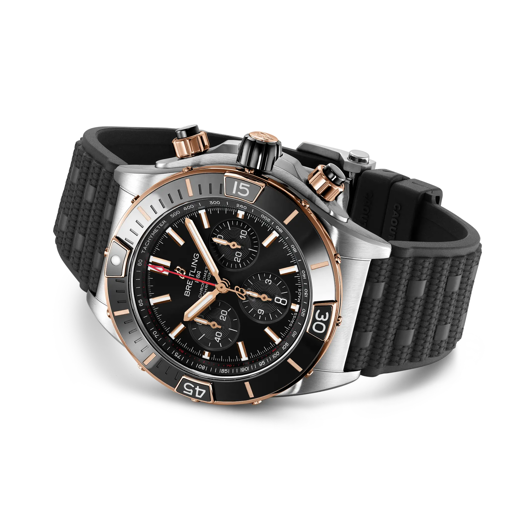 Breitling Super Chronomat B01 44 reference UB0136251B1S1 with Black dial, Stainless steel & 18k red gold case, black rubber strap, bracelet or strap configuration view