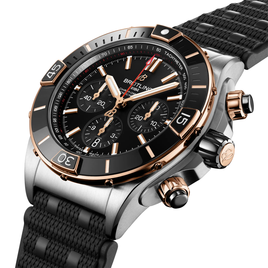 Breitling Super Chronomat B01 44 reference UB0136251B1S1 with Black dial, Stainless steel & 18k red gold case, black rubber strap, front view