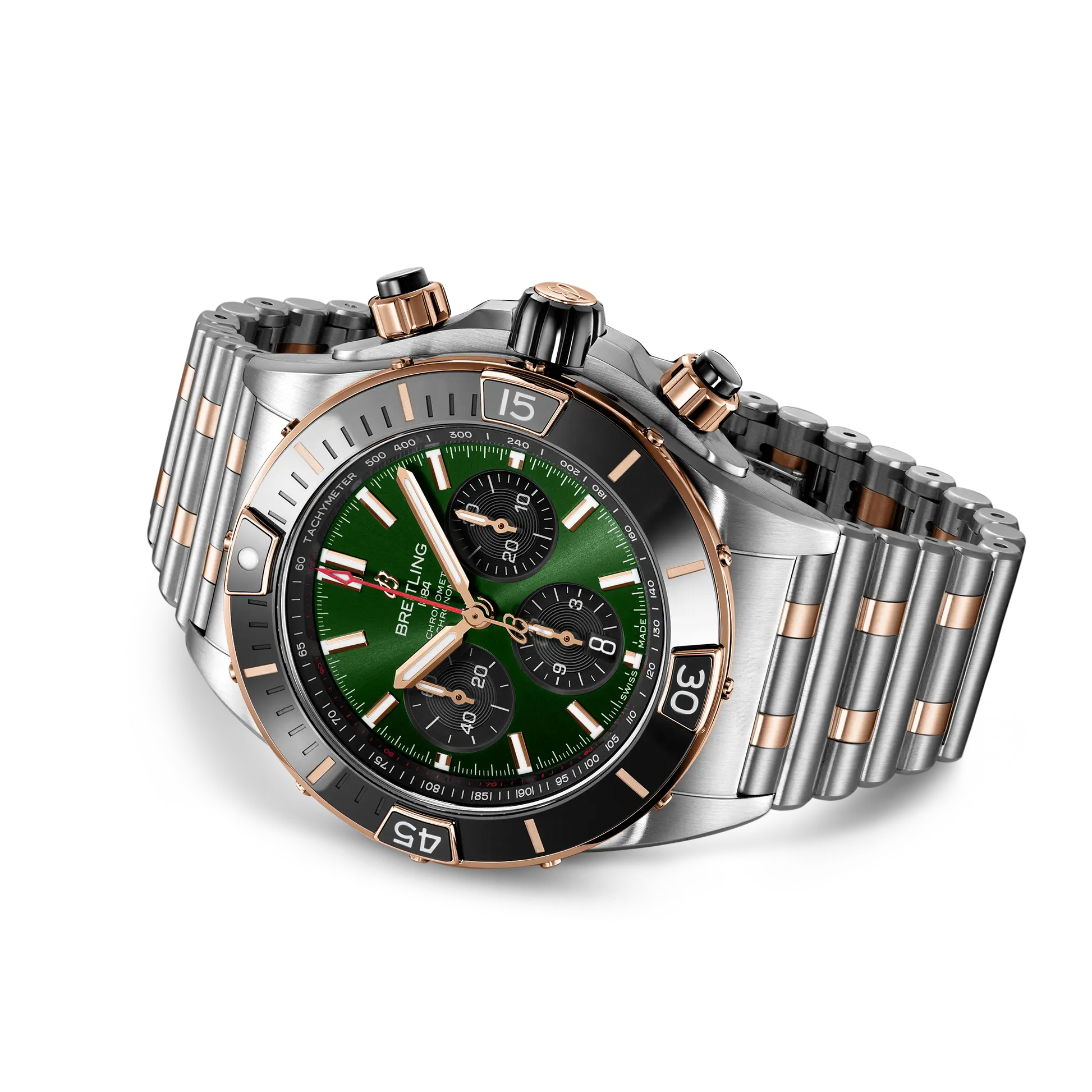 Breitling Super Chronomat B01 44 reference UB0136251L1U1 with Green dial, Stainless steel & 18k red gold case, strap, bracelet or strap configuration view