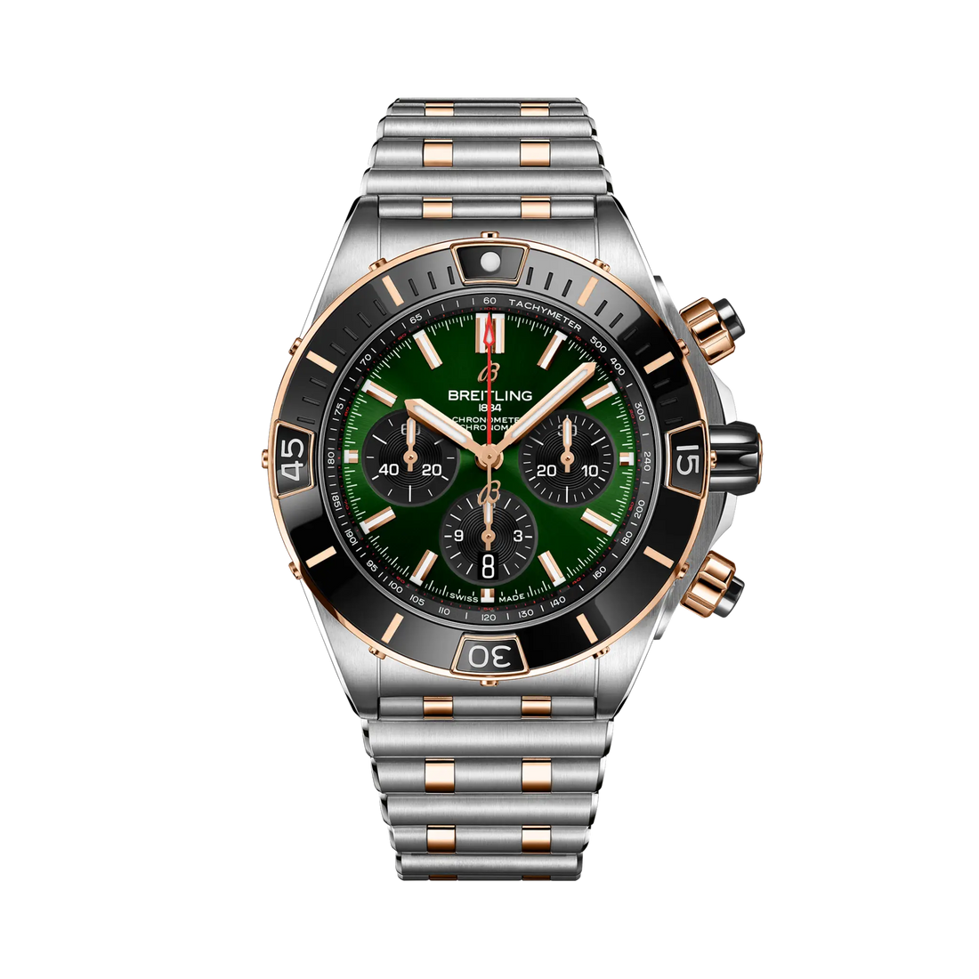 Breitling Super Chronomat B01 44 reference UB0136251L1U1 with Green dial, Stainless steel & 18k red gold case, strap, front view