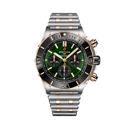 Breitling Super Chronomat B01 44 reference UB0136251L1U1 with Green dial, Stainless steel & 18k red gold case, strap, front view