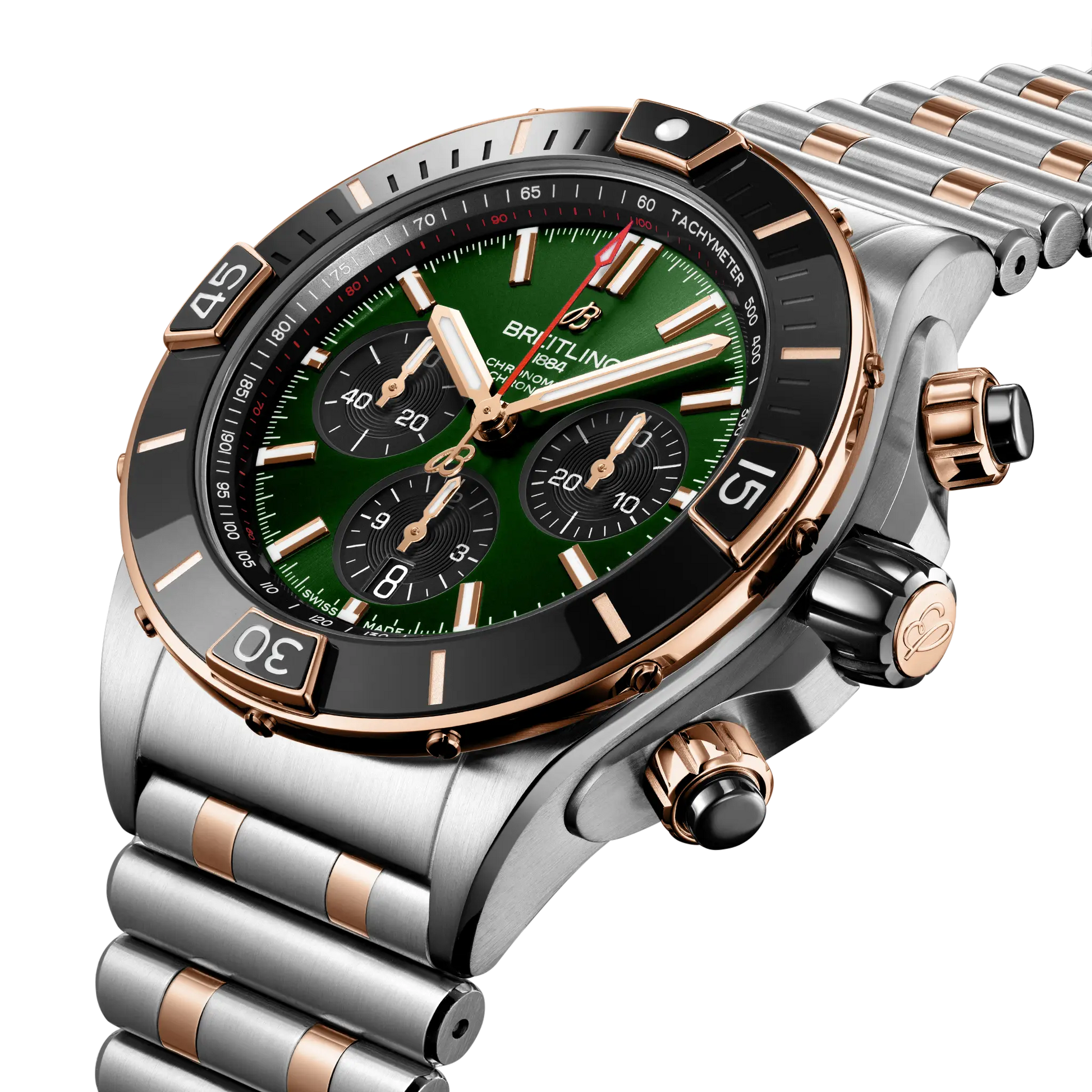 Breitling Super Chronomat B01 44 reference UB0136251L1U1 with Green dial, Stainless steel & 18k red gold case, strap, three-quarter view