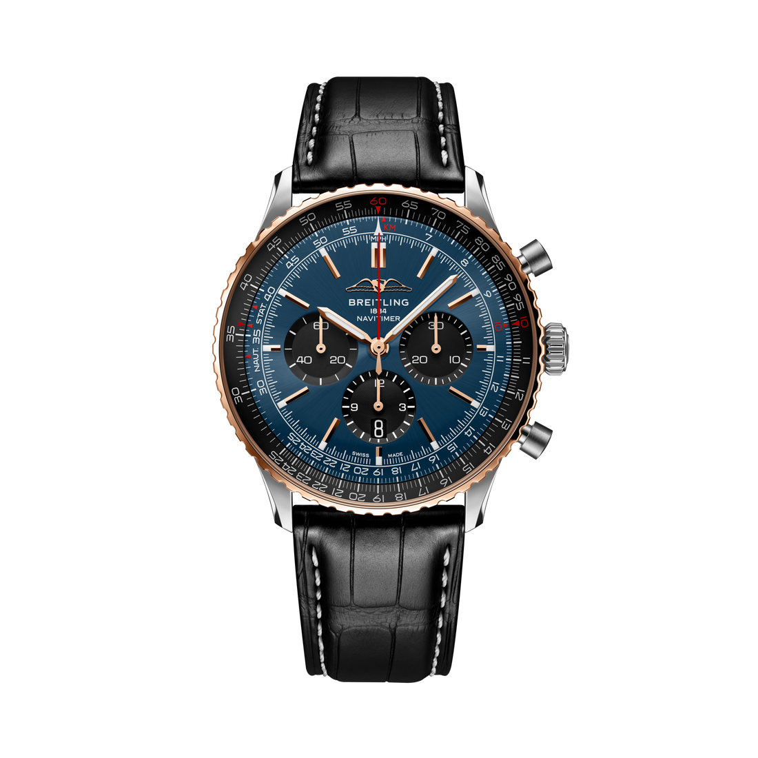 Breitling Navitimer B01 Chronograph 46 reference UB01372A1C1P1 with Blue dial, Stainless steel & 18k red gold case, alligator strap, front view