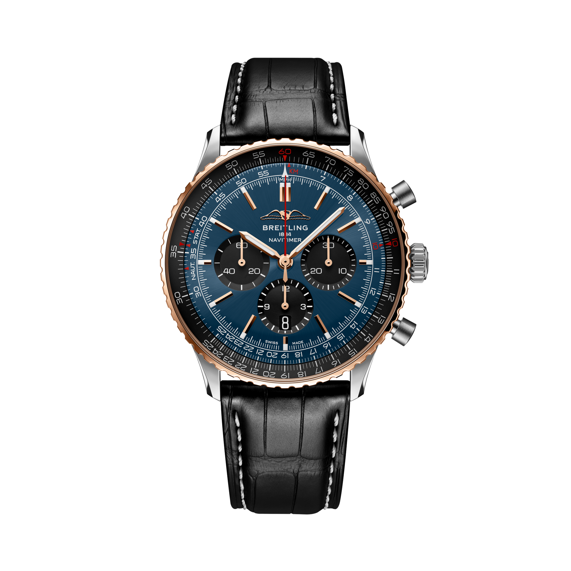 Breitling Navitimer B01 Chronograph 46 reference UB01372A1C1P1 with Blue dial, Stainless steel & 18k red gold case, alligator strap, front view