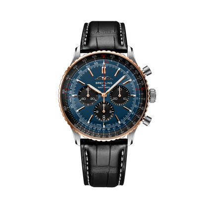 Breitling Navitimer B01 Chronograph 46 reference UB01372A1C1P1 with Blue dial, Stainless steel & 18k red gold case, alligator strap, front view