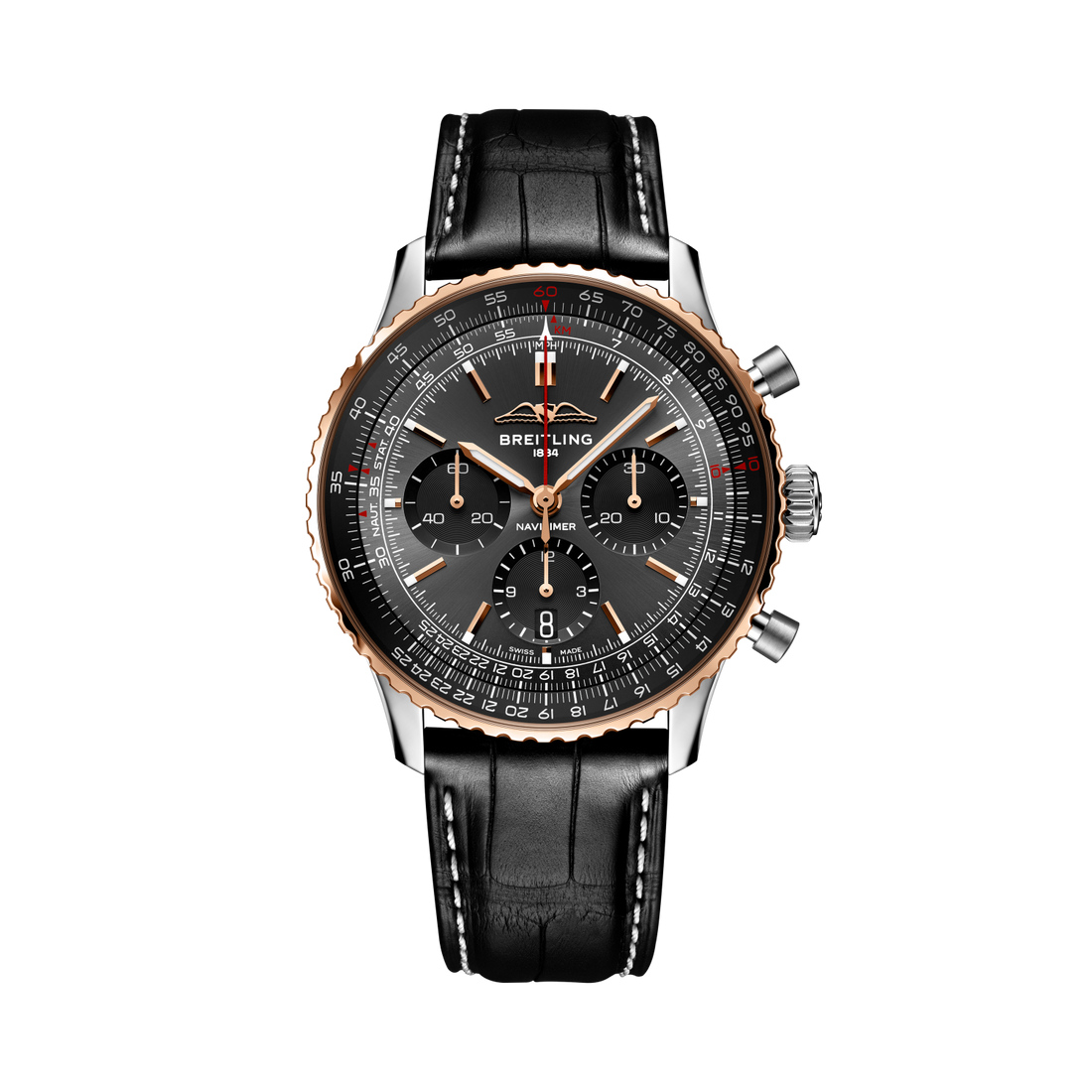 Breitling Navitimer B01 Chronograph 43 Limited Edition reference UB01384A1B1P1 with Anthracite dial, Stainless steel & 18k red gold case, alligator strap, front view