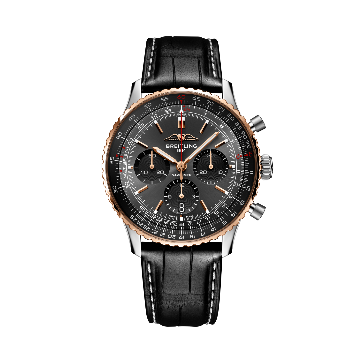 Breitling Navitimer B01 Chronograph 43 Limited Edition reference UB01384A1B1P1 with Anthracite dial, Stainless steel & 18k red gold case, alligator strap, front view