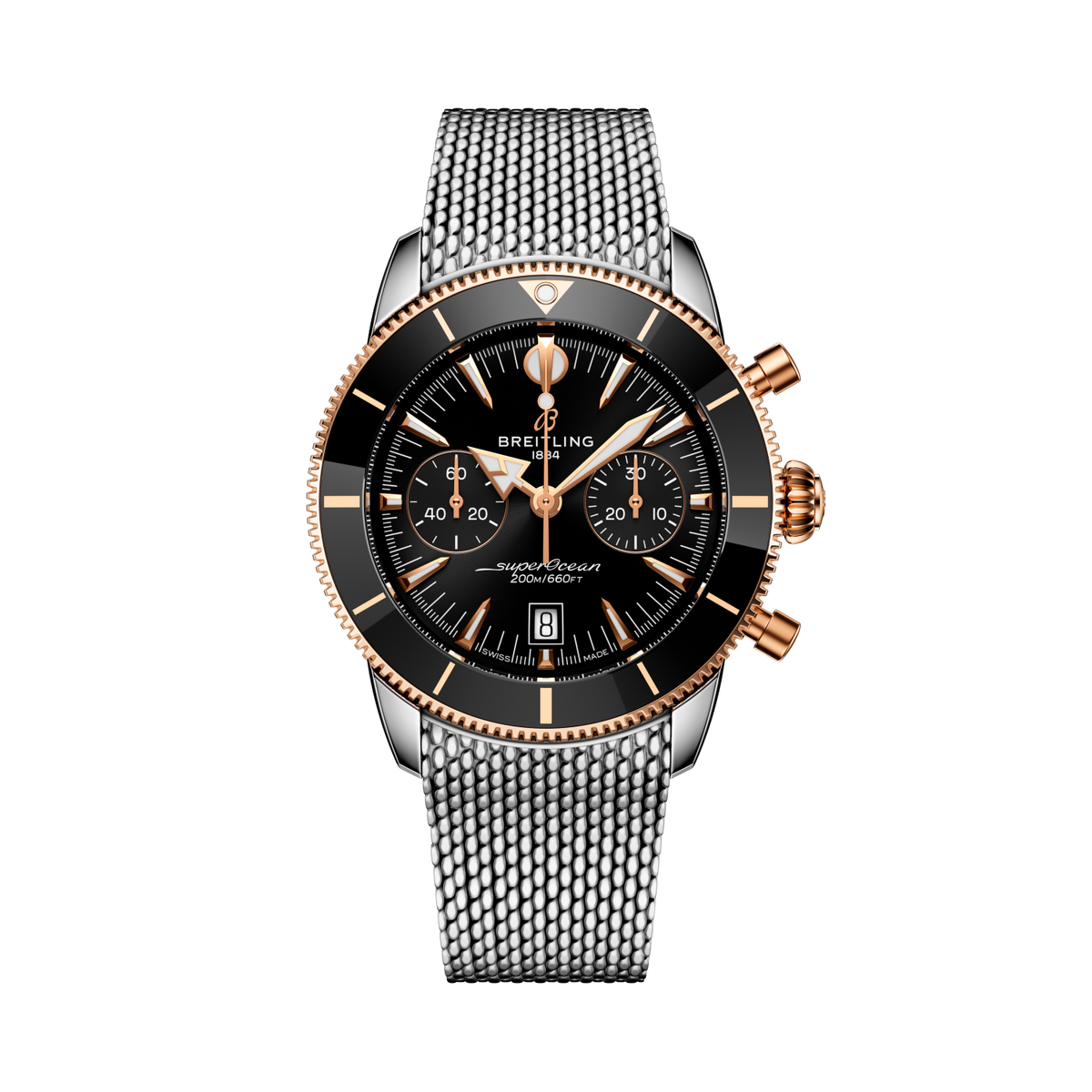 Breitling Superocean Heritage B01 Chronograph 42 reference UB0156H11B1A1 with Black dial, Stainless steel & 18k red gold case, bracelet, front view