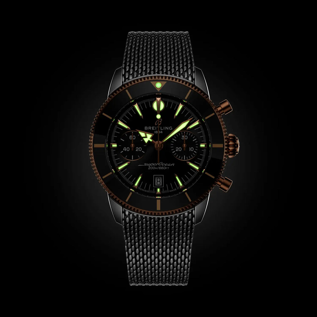 Breitling Superocean Heritage B01 Chronograph 42 reference UB0156H11B1A1 with Black dial, Stainless steel & 18k red gold case, bracelet, illuminated dial view