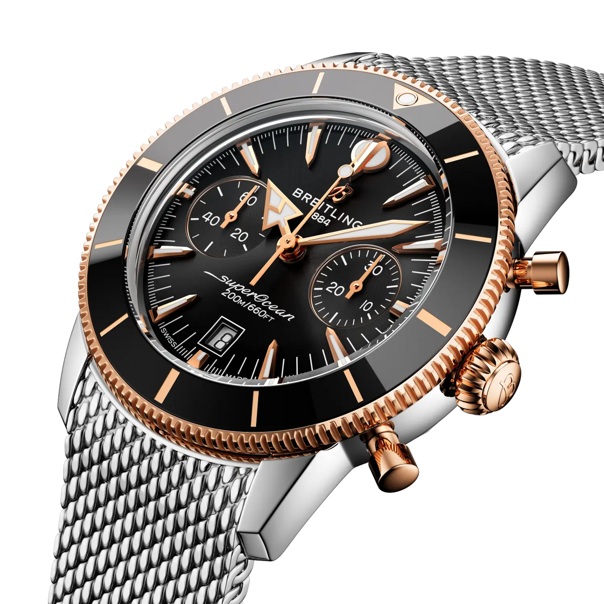 Breitling Superocean Heritage B01 Chronograph 42 reference UB0156H11B1A1 with Black dial, Stainless steel & 18k red gold case, bracelet, three-quarter view