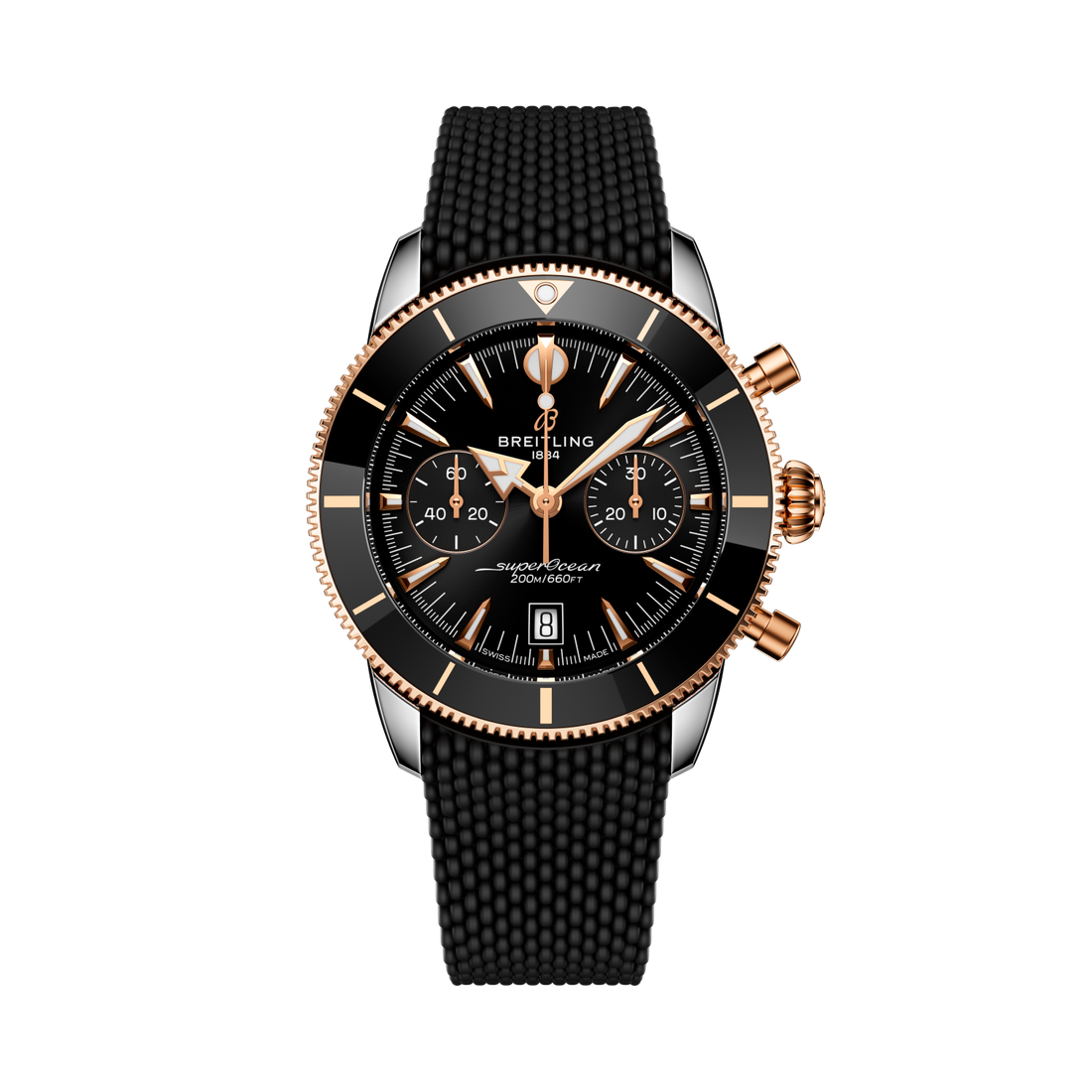 Breitling Superocean Heritage B01 Chronograph 42 reference UB0156H11B1S1 with Black dial, Stainless steel & 18k red gold case, black rubber strap, front view
