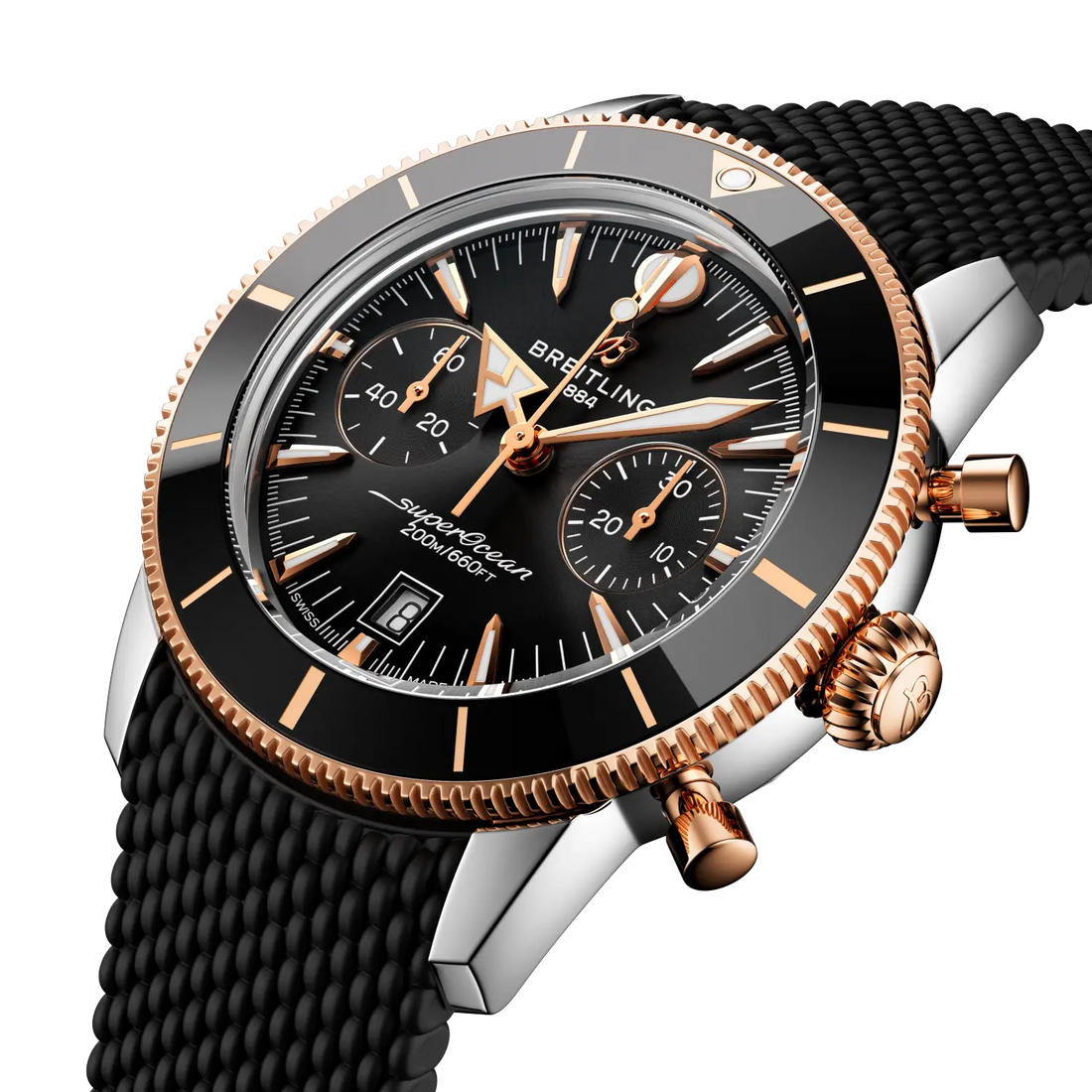 Breitling Superocean Heritage B01 Chronograph 42 reference UB0156H11B1S1 with Black dial, Stainless steel & 18k red gold case, black rubber strap, front view