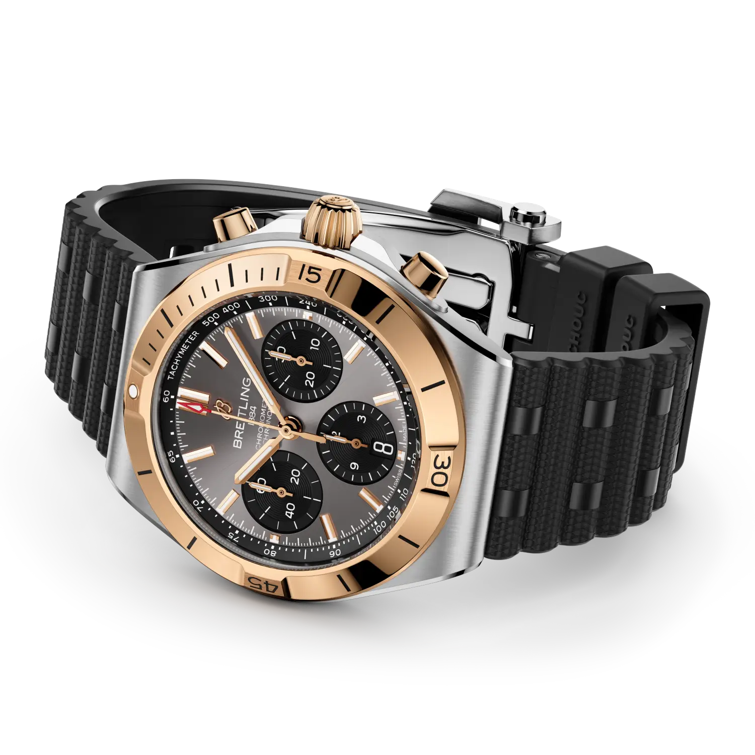 Breitling Chronomat B01 Chronograph 42 reference UB0158101B1S1 with Anthracite dial, Stainless steel & 18k red gold case, rubber strap, bracelet or strap configuration view