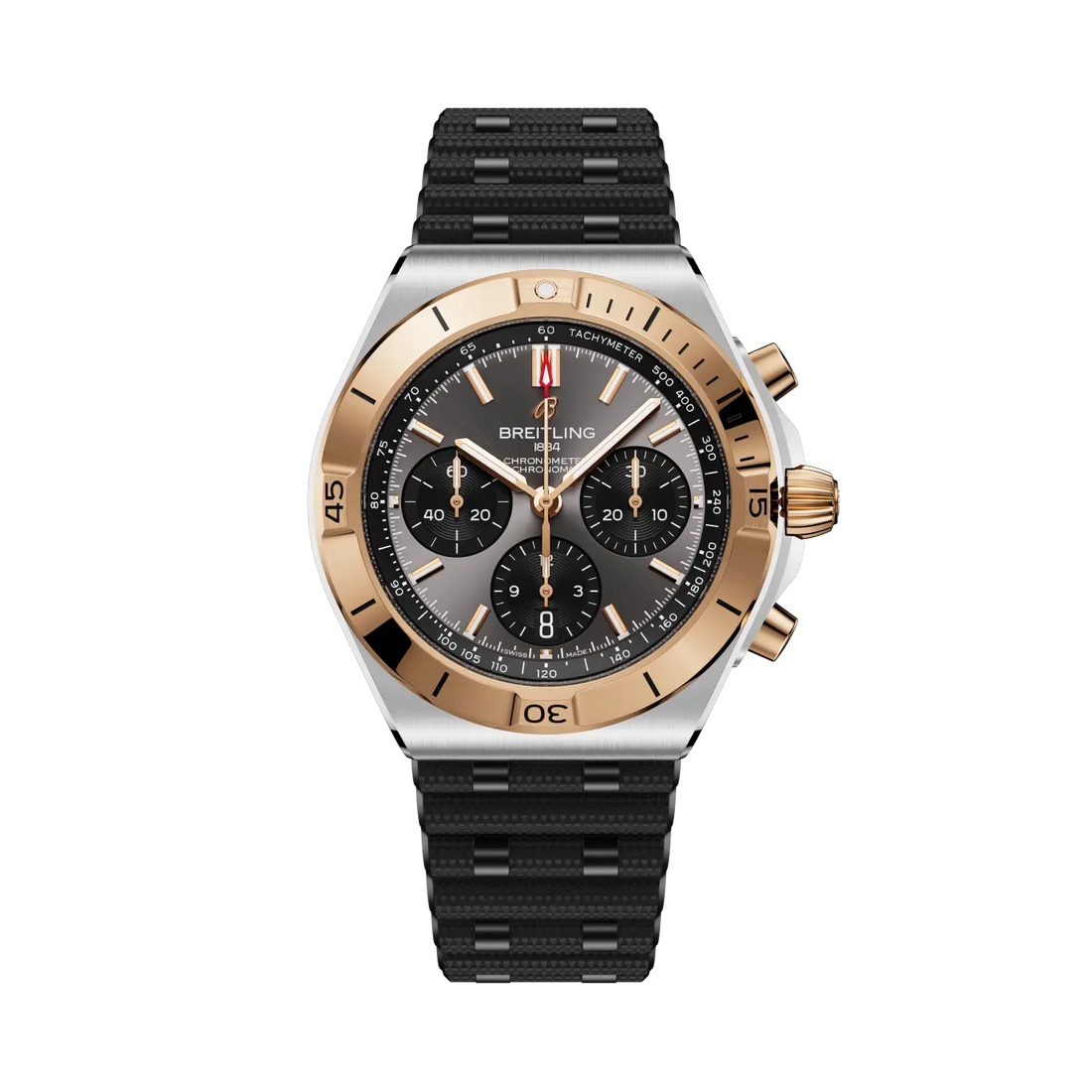 Breitling Chronomat B01 Chronograph 42 reference UB0158101B1S1 with Anthracite dial, Stainless steel & 18k red gold case, rubber strap, front view