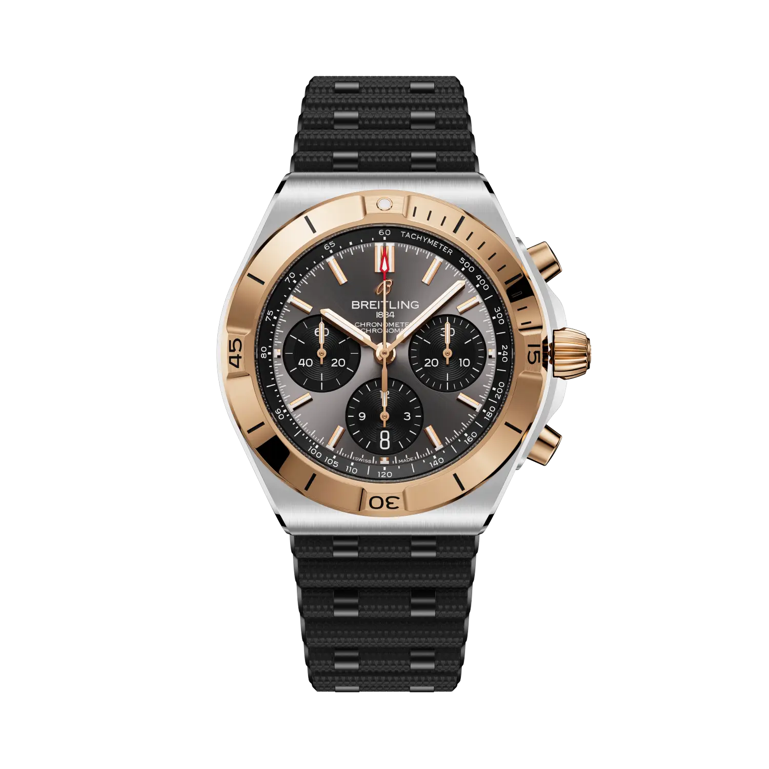 Breitling Chronomat B01 Chronograph 42 reference UB0158101B1S1 with Anthracite dial, Stainless steel & 18k red gold case, rubber strap, front view