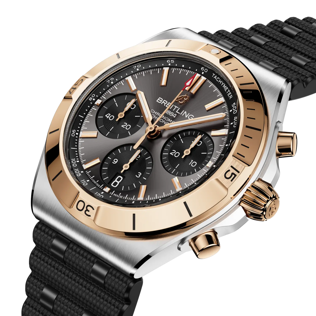 Breitling Chronomat B01 Chronograph 42 reference UB0158101B1S1 with Anthracite dial, Stainless steel & 18k red gold case, rubber strap, front view